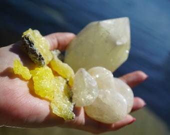 Raw Sulfur from Louisiana - Tumbled Quartz with Sulfur - Brusite Crystal from Pakistan