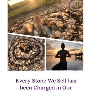 May include: A collage of images featuring a crystal labyrinth, a person meditating in a yoga pose on a beach at sunset, and a collection of crystals. The text "Every Stone We Sell has been Charged in Our Crystal Labyrinth" is displayed at the bottom of the image.