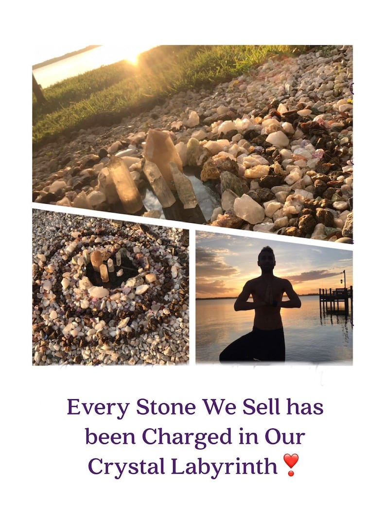 May include: A collage of images featuring a crystal labyrinth, a person meditating in a yoga pose on a beach at sunset, and a collection of crystals. The text "Every Stone We Sell has been Charged in Our Crystal Labyrinth" is displayed at the bottom of the image.
