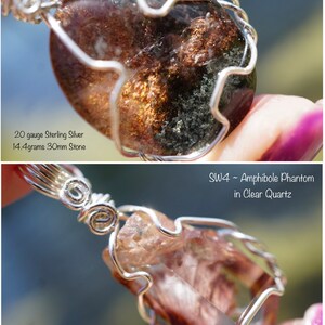 May include: Two silver wire wrapped pendants with clear quartz stones. The first pendant features a brown and green dreamstone lodolite with the text "SW3~Dreamstone Lodolite in Clear Quartz 20 gauge Sterling Silver 14.4grams 30mm Stone". The second pendant features a clear quartz stone with a brown and pink amphibole phantom with the text "SW4~Amphibole Phantom in Clear Quartz 20 gauge Sterling Silver 8.75grams 30mm Stone".
