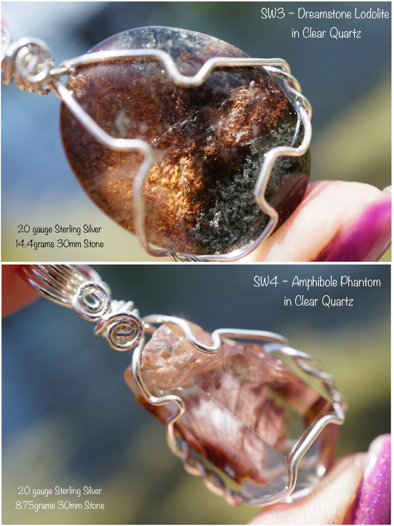 May include: Two silver wire wrapped pendants with clear quartz stones. The first pendant features a brown and green dreamstone lodolite with the text "SW3~Dreamstone Lodolite in Clear Quartz 20 gauge Sterling Silver 14.4grams 30mm Stone". The second pendant features a clear quartz stone with a brown and pink amphibole phantom with the text "SW4~Amphibole Phantom in Clear Quartz 20 gauge Sterling Silver 8.75grams 30mm Stone".