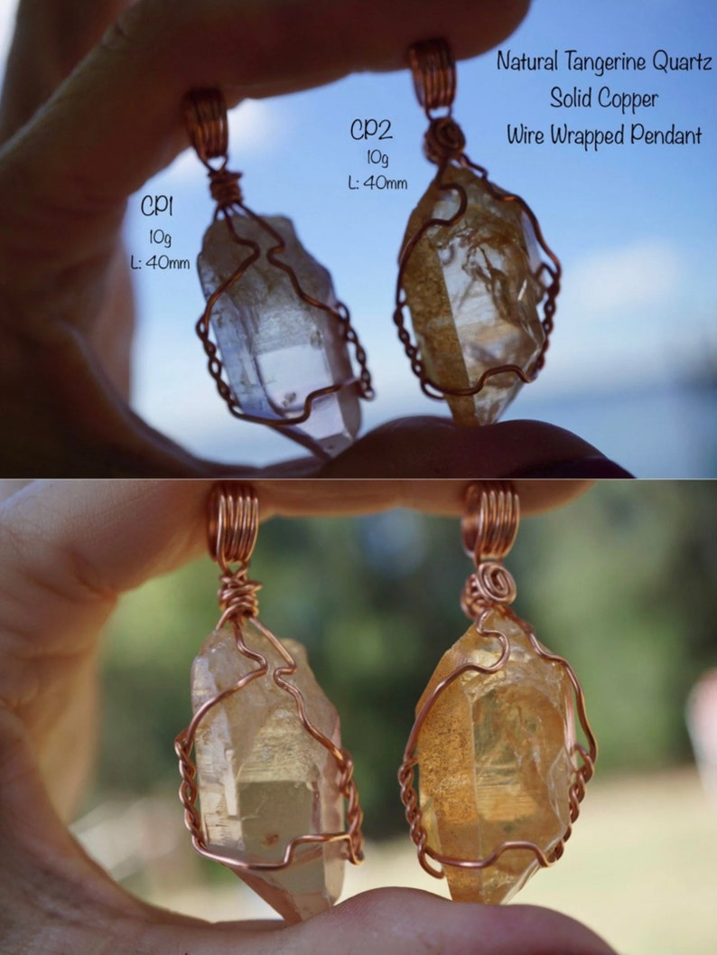 May include: Two wire-wrapped pendants featuring natural tangerine quartz crystals. The crystals are a light golden colour and are wrapped in copper wire. The pendants are labelled "CP1" and "CP2" and are each 40mm long and weigh 10 grams.  "Natural Tangerine Quartz Solid Copper Wire Wrapped Pendant"