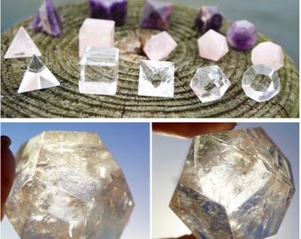 Carved Crystal Sacred Geometry AMETHYST, Auralite 23, Rose & Clear QUARTZ ~ Cube, Sphere, Pyramid, Octahedron, Isosahdron, Dodecahedron