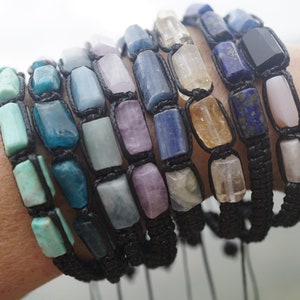 Handmade Macrame Crystal Bracelet - Blue Kyanite, Aquamarine, Pink Kunzite, Orange Sunstone, Blue Apatite Adjustable 7.2-8.5”