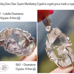 May include: A clear quartz crystal with a smaller crystal inside, encased in silver wire. The crystal is 44mm and weighs 14 grams. SWI~ Lodolite Dreamstone. YOUR CRYSTAL SHOP.
