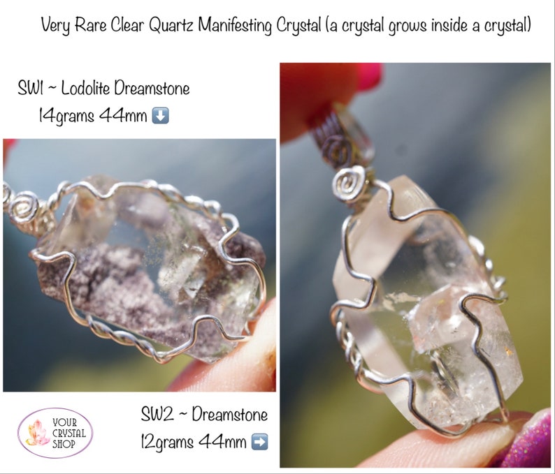 May include: A clear quartz crystal with a smaller crystal inside, encased in silver wire. The crystal is 44mm and weighs 14 grams. SWI~ Lodolite Dreamstone. YOUR CRYSTAL SHOP.