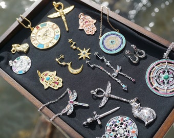 Spiritual Jewelry ~ Amulet, Evil Eye, Hamsa Hands, Egyptian Ankh, Dragonfly, Cat Pendant ~ Ruby, Onyx, Sapphire  14kt gold over 925 Silver