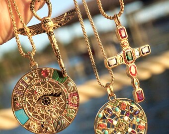 Gioielli spirituali Amuleto di protezione fortunata, malocchio, mani di Hamsa, Ankh egiziano, libellula, ciondolo a forma di gatto in rubino, onice, argento oro 14 kt L205