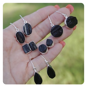Rough Black TOURMALINE Earrings Stainless and 925 Silver - Healing Cryatal L102
