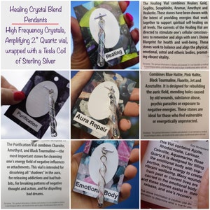 Puede incluir: Cuatro viales de cristal diferentes con bobinas Tesla de plata de ley envueltas a su alrededor. Cada vial est&aacute; etiquetado con una propiedad curativa diferente: Purificaci&oacute;n, Sanaci&oacute;n, Reparaci&oacute;n del aura y Cuerpo emocional. Los viales se muestran en tarjetas negras con texto blanco.