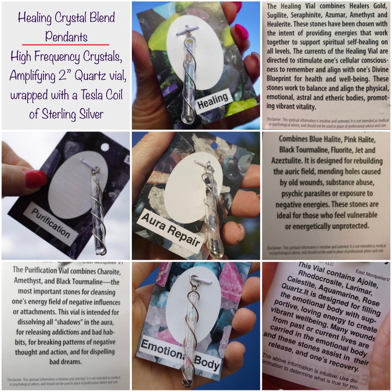Puede incluir: Cuatro viales de cristal diferentes con bobinas Tesla de plata de ley envueltas a su alrededor. Cada vial est&aacute; etiquetado con una propiedad curativa diferente: Purificaci&oacute;n, Sanaci&oacute;n, Reparaci&oacute;n del aura y Cuerpo emocional. Los viales se muestran en tarjetas negras con texto blanco.