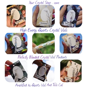Puede incluir: Un collage de nueve im&aacute;genes que muestran colgantes de cristal en forma de vial. Cada vial est&aacute; lleno de varios cristales y envuelto en alambre de plata. Los colgantes est&aacute;n etiquetados con palabras como "Prosperity", "Ascension", "Recovery", "Healing", "Calm", "Protection", "Manifestation", "Happiness", y "Amplified by Quartz Vial and Tesla Coil".