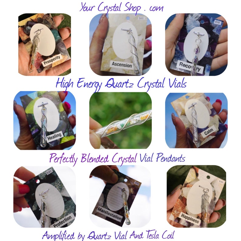 Puede incluir: Un collage de nueve im&aacute;genes que muestran colgantes de cristal en forma de vial. Cada vial est&aacute; lleno de varios cristales y envuelto en alambre de plata. Los colgantes est&aacute;n etiquetados con palabras como "Prosperity", "Ascension", "Recovery", "Healing", "Calm", "Protection", "Manifestation", "Happiness", y "Amplified by Quartz Vial and Tesla Coil".