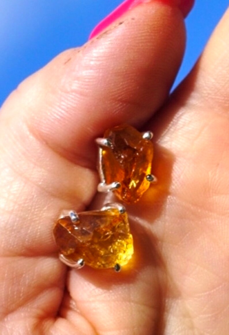 Faceted Citrine Earrings 925 Sterling Silver Citrine Jewelry Healing Crystal Raw Studs 10-14mm