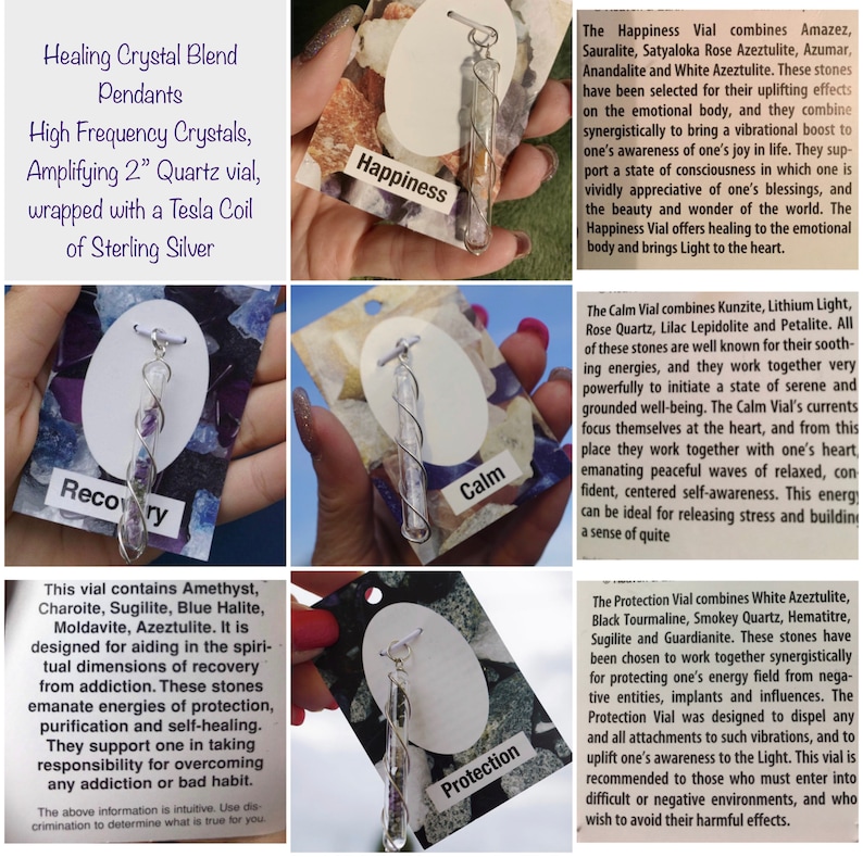 Puede incluir: Cuatro viales de vidrio, cada uno envuelto en alambre plateado y que contiene diferentes cristales. Los viales est&aacute;n etiquetados como 'Felicidad', 'Calma', 'Recuperaci&oacute;n' y 'Protecci&oacute;n'. Cada vial se describe con una lista de cristales y sus propiedades curativas.