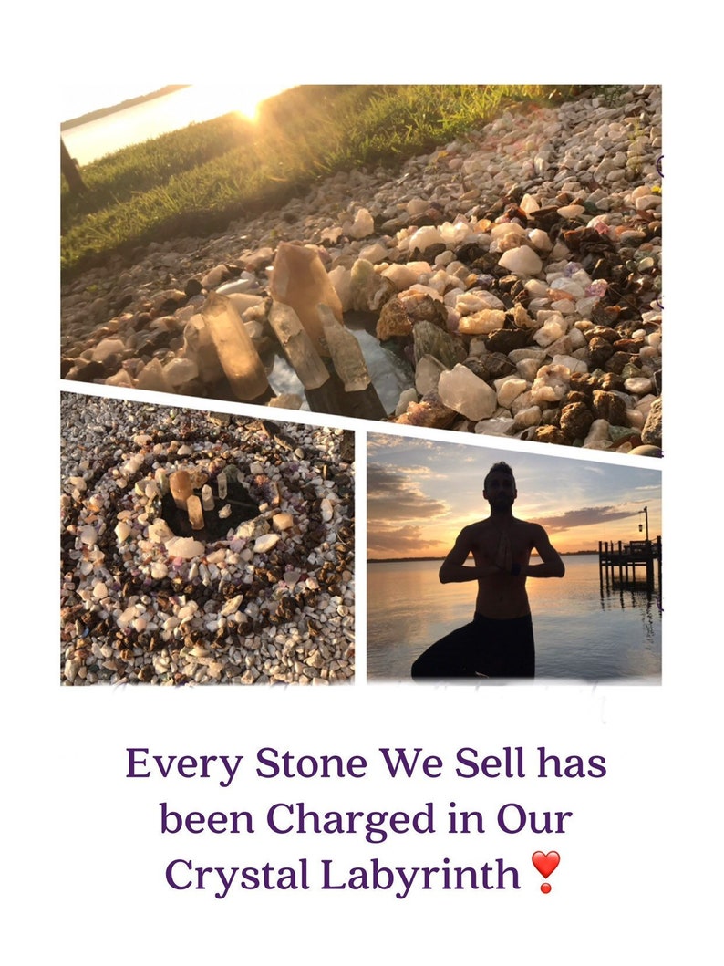 May include: A collage of images featuring a crystal labyrinth, a person meditating in a yoga pose at sunset, and a collection of crystals. The text "Every Stone We Sell has been Charged in Our Crystal Labyrinth" is displayed at the bottom of the image.