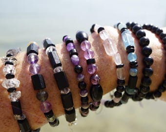 Bracciale protettivo in SHUNGITE e collana in macramè ~ Gioielli curativi in cristallo di shungite con diamante Herkimer, auralite 23, kunzite calmante L170