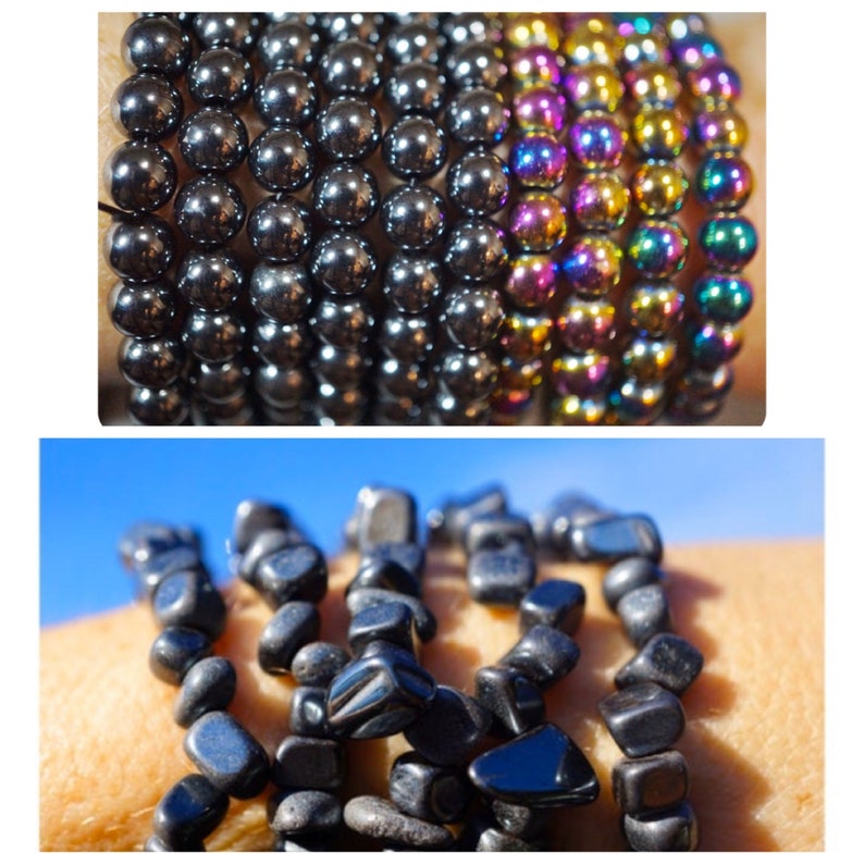 Puede incluir: Dos pulseras hechas de cuentas negras. Una pulsera est&aacute; hecha de cuentas redondas y la otra de cuentas de forma irregular.