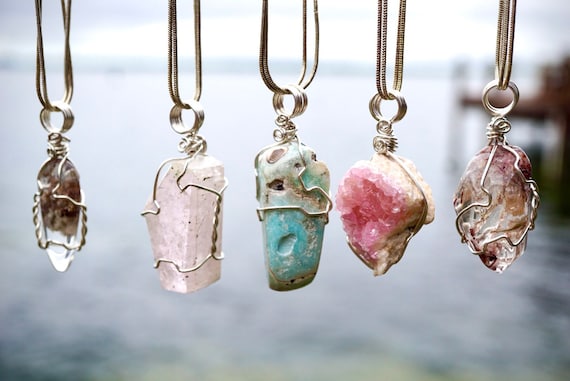 Raw Manifesting Quartz, Carribean Calcite,Dreamstone lodalite Necklaces ~ Calming Stones wrapped in 925 Sterling Silver with 20" Chain