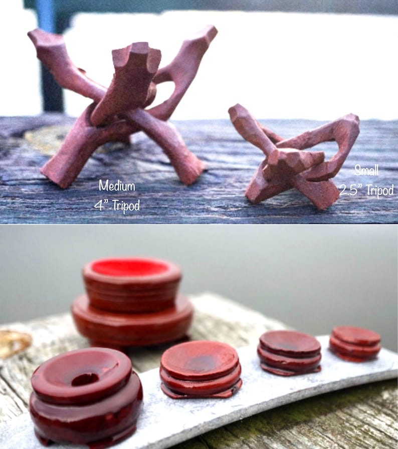 May include: Set of five wooden display stands for crystals and other small objects. The stands are made of dark wood and have a glossy finish. The stands are available in two sizes: 2.5 inches and 4 inches. The stands are perfect for displaying crystals, stones, or other small objects.