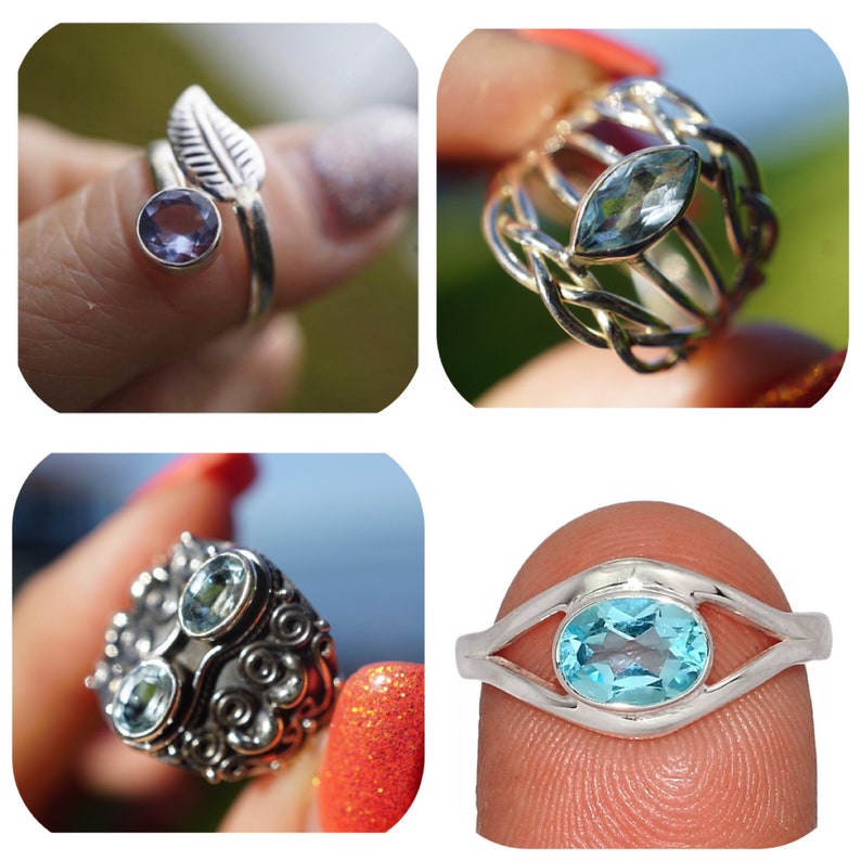 May include: Four silver rings with different designs and blue and purple gemstones. The rings are shown on fingers.