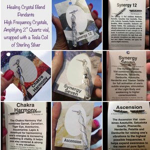 Puede incluir: Un conjunto de seis colgantes de cristal, cada uno con una mezcla de cristales diferente y un nombre &uacute;nico. Los colgantes est&aacute;n hechos con cristales de alta frecuencia y est&aacute;n envueltos con una bobina Tesla de plata de ley. Los nombres de los colgantes son: Chakra Harmony, Synergy Seven, Synergy 12, Ascension.