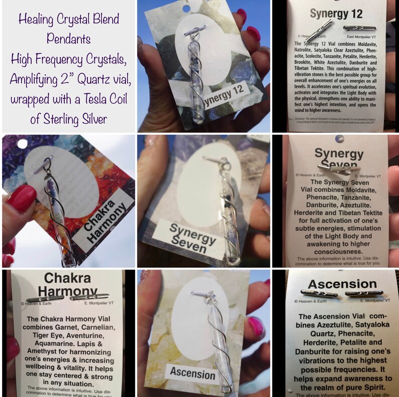 Puede incluir: Un conjunto de seis colgantes de cristal, cada uno con una mezcla de cristales diferente y un nombre &uacute;nico. Los colgantes est&aacute;n hechos con cristales de alta frecuencia y est&aacute;n envueltos con una bobina Tesla de plata de ley. Los nombres de los colgantes son: Chakra Harmony, Synergy Seven, Synergy 12, Ascension.