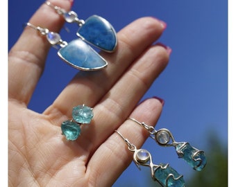 Raw Blue NEON APATITE Earrings set in 925 Silver - Blue Apatite Jewelry - Four Styles to Choose from - Healing Crystal and Mineral