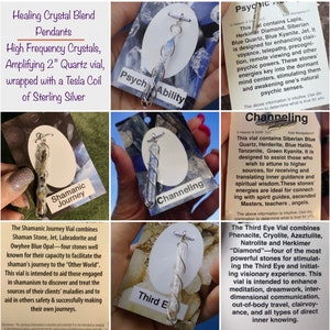 Puede incluir: Cuatro viales de cristal con alambre de plata envuelto alrededor. Cada vial contiene diferentes cristales y est&aacute; etiquetado con un nombre diferente: Viaje Cham&aacute;nico, Canalizaci&oacute;n, Tercer Ojo y Habilidad Ps&iacute;quica. Los viales miden 5 cm de largo y est&aacute;n dise&ntilde;ados para amplificar la energ&iacute;a de los cristales.