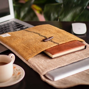Wild Hemp Laptop Case Sleeve with handy pocket. Handmade in Nepal Pomegranate Yellow