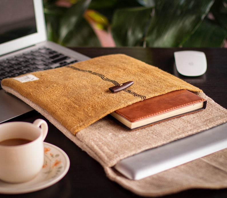 Wild Hemp Laptop Case Sleeve with handy pocket. Handmade in Nepal Pomegranate Yellow