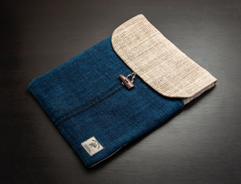 Wild Hemp Laptop Case Sleeve with handy pocket. Handmade in Nepal Dark Indigo