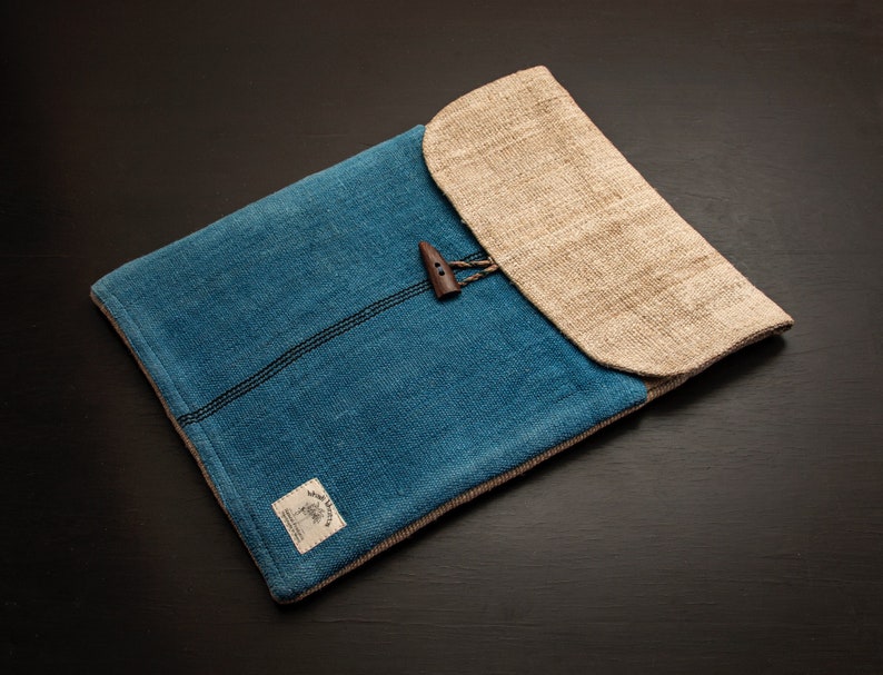 Wild Hemp Laptop Case Sleeve with handy pocket. Handmade in Nepal Light Indigo