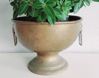 Brass pedestal pot / planter / bowl / tray, Ancient brass bowl and servers, Brass pot, Art nouveau fruit tray, Primitive brass fruit bowl