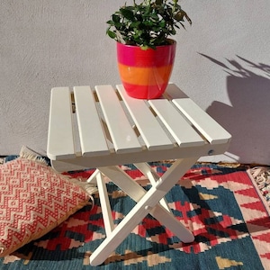 Mesa pequeña de patio mcm, mesa para macetas de jardín, mesa de centro para exterior, mesa de balcón blanca retro, mesa plegable de picnic