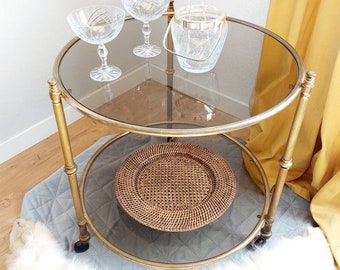 Round drinks trolley / bar cart on wheels, Hollywood Regency two shelved brass and smoked glass round drinks trolley, Gatsby drinks trolley