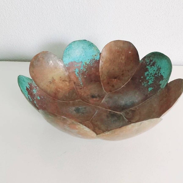 Lotus copper bowl large, Verdigris large copper planter / bowl / tray, Antique copper planter pot, fall centerpiece