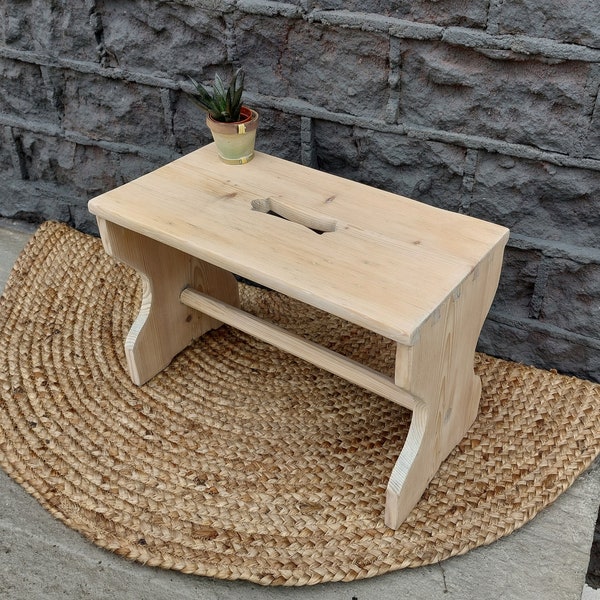 Folk art milking stool, stepping stool with handle, boho white washed low stool, wabi sabi milking stool, primitive stool