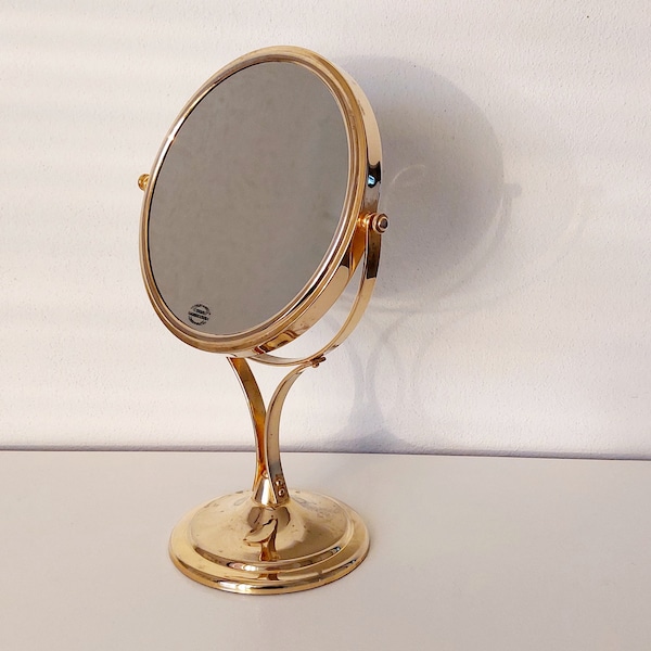 Make up table mirror by Famego / magnification mirror in gold / Fmg pedestal magnification mirror