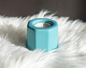Mcm hexagonal ceramic small candleholder in patina blue
