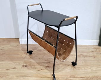 Mcm magazine rack large | wicker and cast iron trolley on wheels