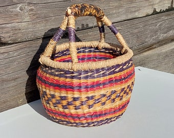 Colorful bolga basket / vintage round market basket / African handled basket / boho basket plant pot