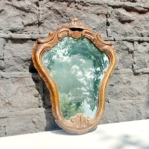 Early 1900 Venetian wall mirror / hand carved walnut frame mirror / wooden baroque mirror / antique heart shaped wall mirror