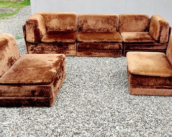 Sectional brown velvet sofa / vintage togo style couch / Sectional floor sofa