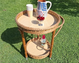 60s70s Italian wicker drinks trolley, Two tiered round bar cart
