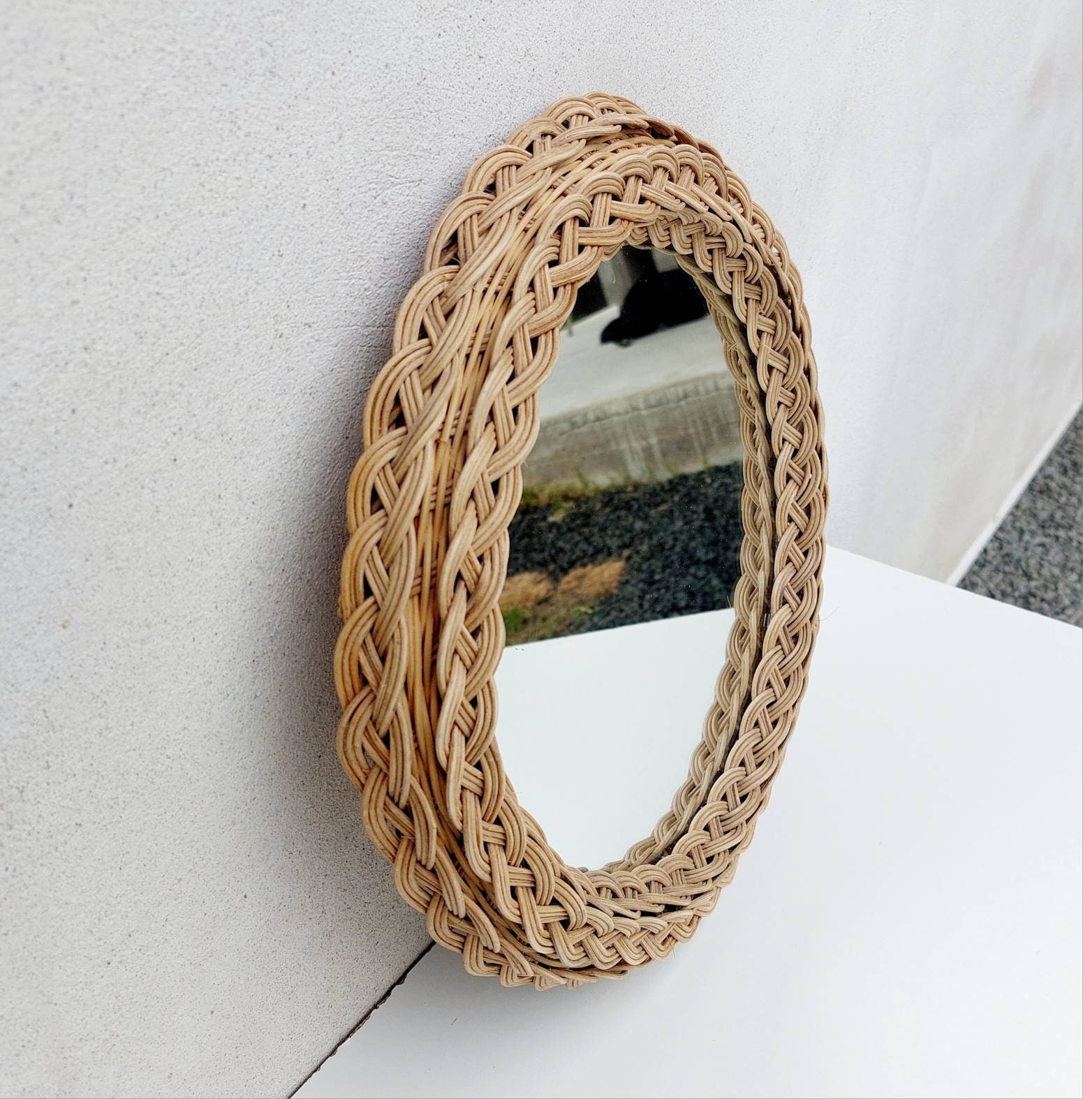 Vintage Rattan Round Mirror / Circular Mirror / Rattan Braided Mirror ...