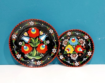 Antique folk art wall plates, Antique Hungarian wall pottery, hand painted decorative wall plates, colorful wall art pottery