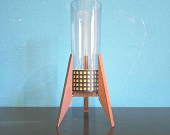 Atomic teak and glass candle holder |  rocket candlestick holder