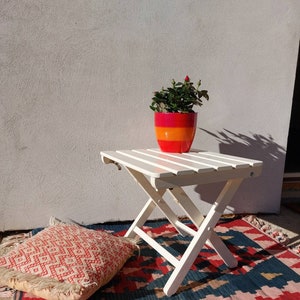 May include: White folding table with a red and orange planter with a small green plant on top. The table is on a rug with red, blue, and white patterns. A pink and white pillow is on the rug.