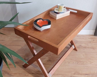 Folding  butlers tray table, mcm folding side table, retro end table, wooden butler tray table with folding stand